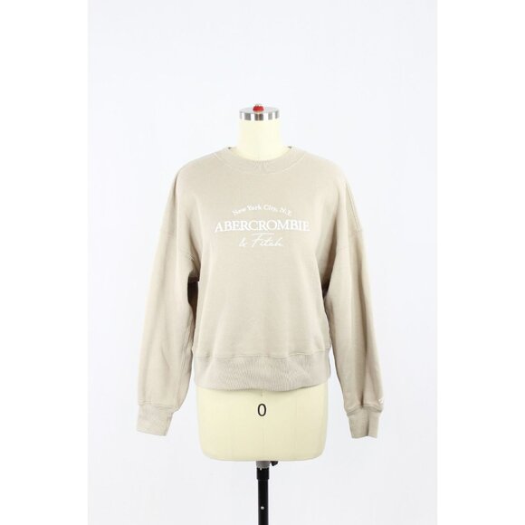ABERCROMBIE & FITCH Taupe Cotton Fleece Embroidered Crew Sweatshirt, Size XS - Picture 3 of 15